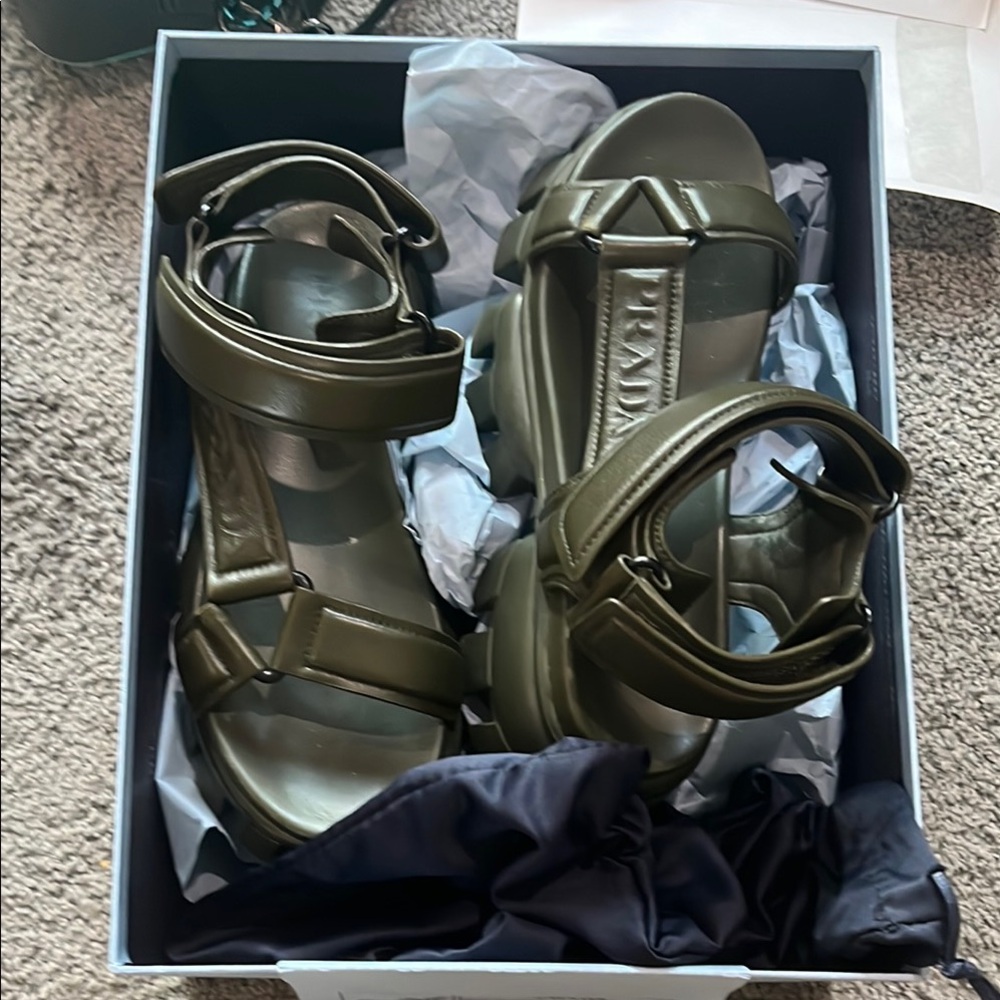 Prada Monolith Leather Sandals Olive Green - Picture 13 of 16